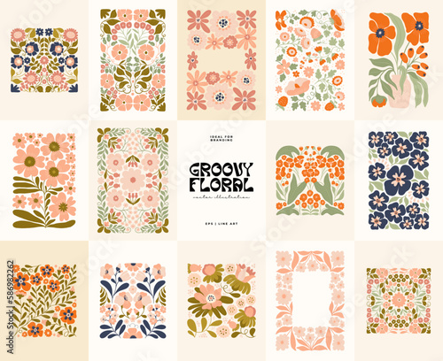 Floral abstract elements. Botanical groovy composition. Modern trendy Matisse minimal style. Floral poster, invite. Vector arrangements for greeting card or invitation design