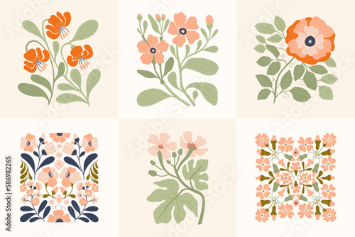 Floral abstract elements. Botanical groovy composition. Modern trendy Matisse minimal style. Floral poster, invite. Vector arrangements for greeting card or invitation design