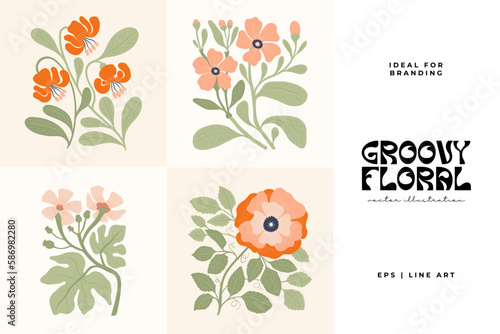 Floral abstract elements. Botanical groovy composition. Modern trendy Matisse minimal style. Floral poster, invite. Vector arrangements for greeting card or invitation design