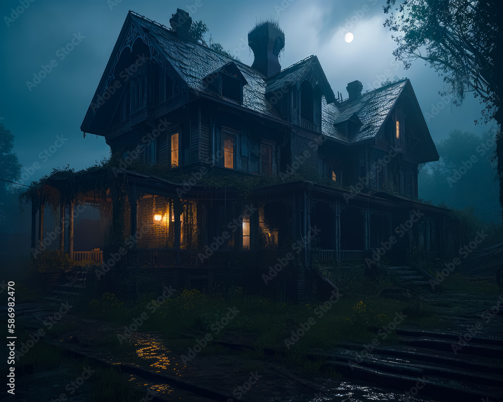 Obraz premium Night horror house. Scary halloween mansion with fog. Generative AI