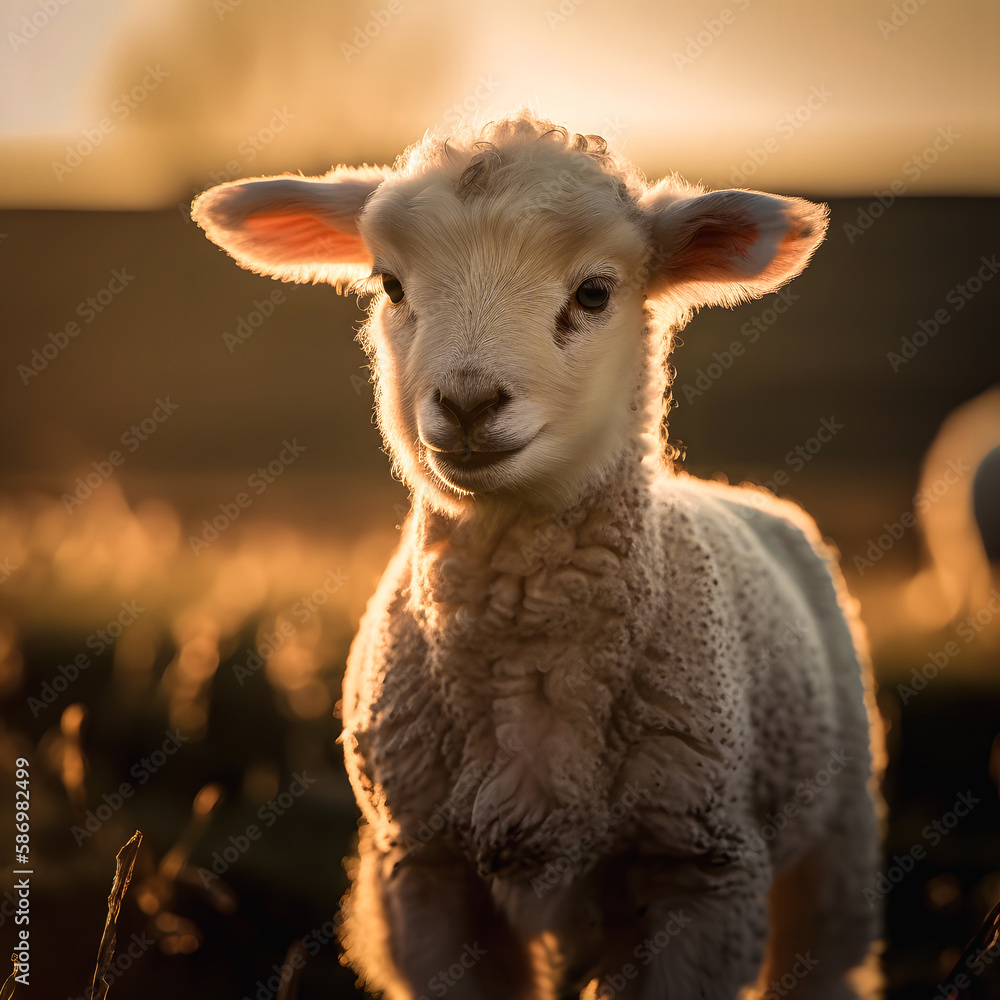 Closeup of cute and adorable lamb standing in a field at sunrise