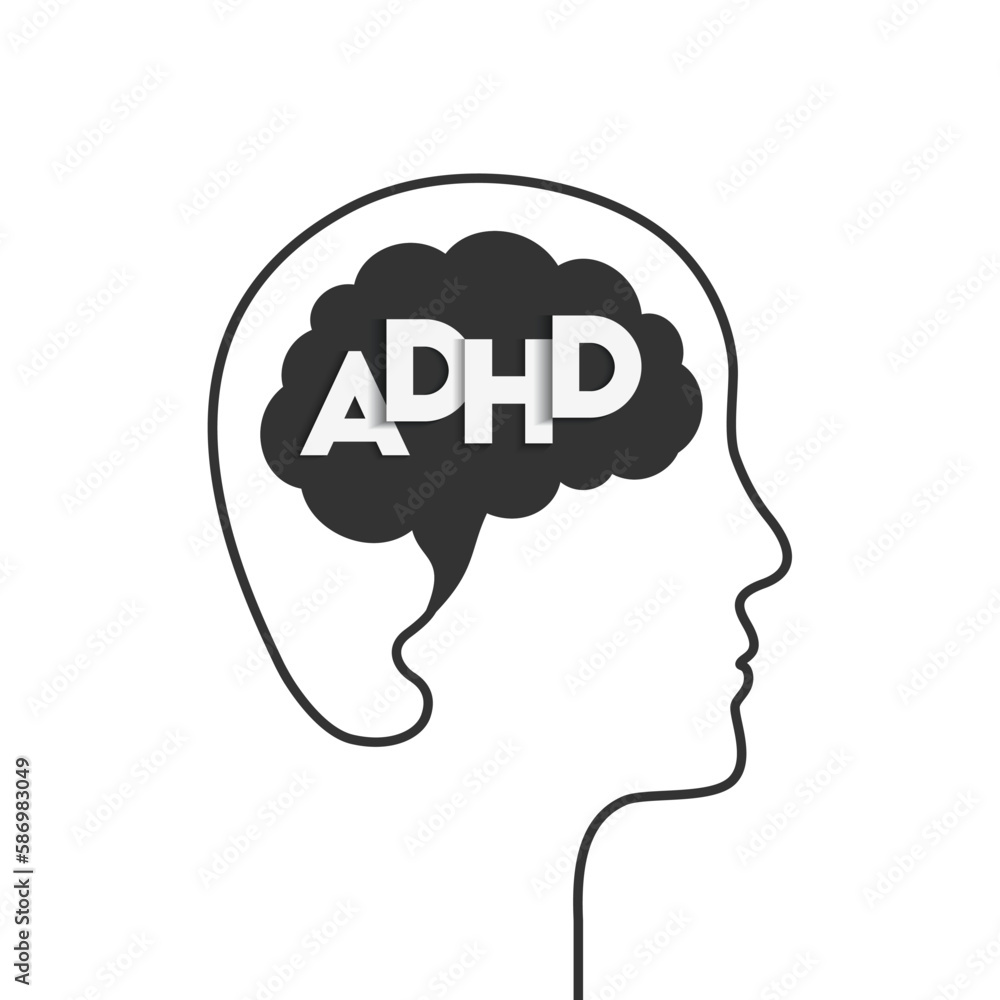 ADHD and brain concept. Head silhouette, profile face outline. Human mind and attention deficit hyperactivity disorder. Vector illustration isolated on white background. - obrazy, fototapety, plakaty 