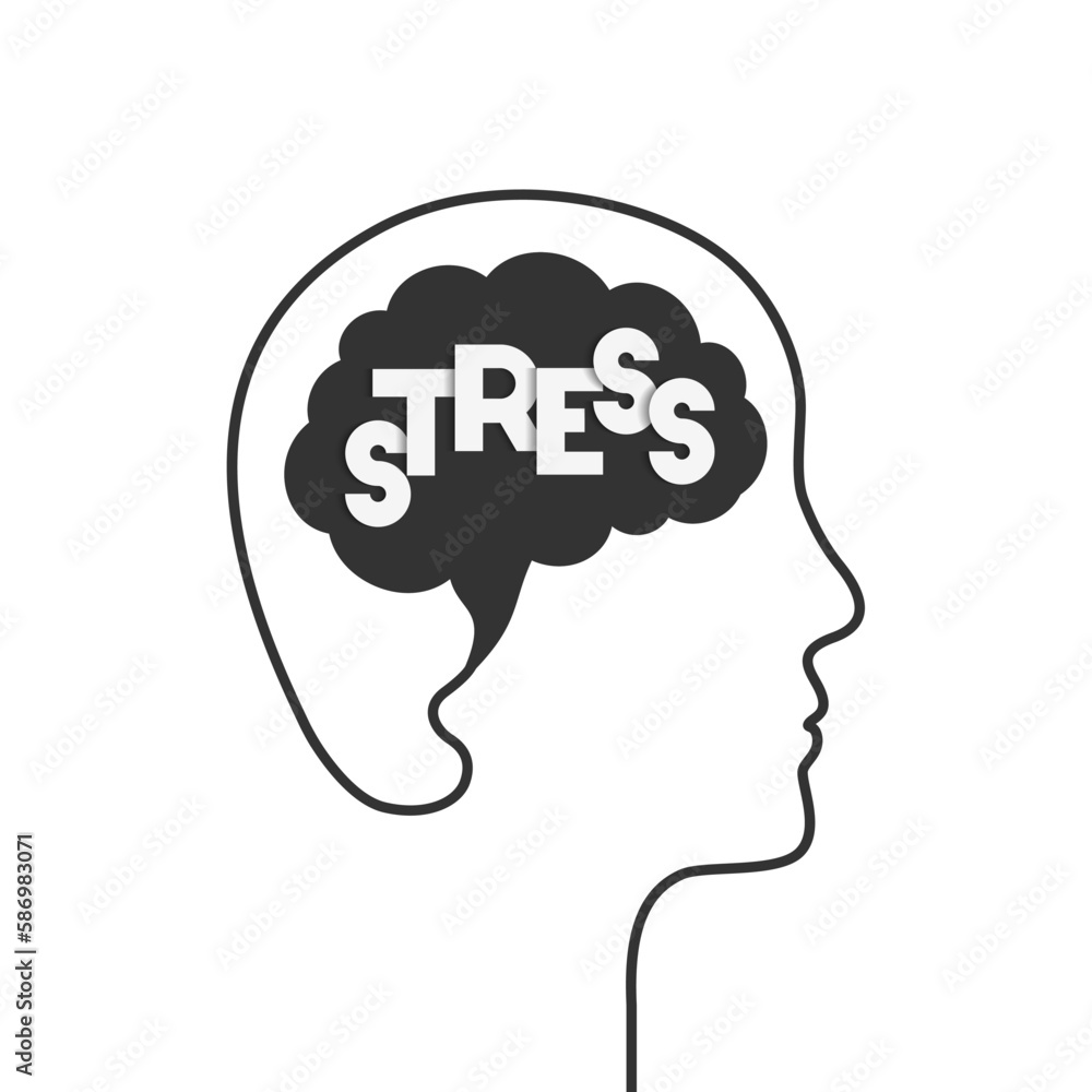 Stress concept with head, face outline, brain silhouette. Mental or emotional stress, feeling stressed, stressing over something or stress management. Vector illustration isolated on white background. Stress concept with head, face outline, brain silhouette. Mental or emotional stress, feeling stressed, stressing over something or stress management. Vector illustration isolated on white background.
