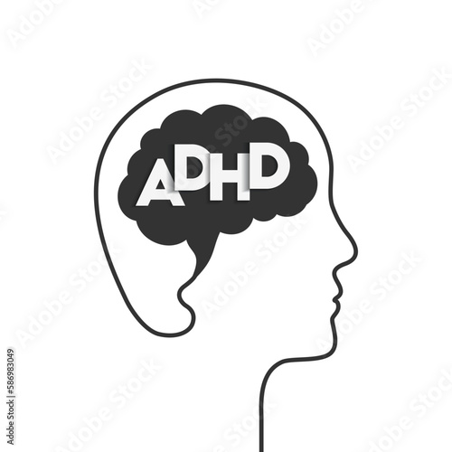 ADHD and brain concept. Head silhouette, profile face outline. Human mind and attention deficit hyperactivity disorder. Vector illustration isolated on white background.