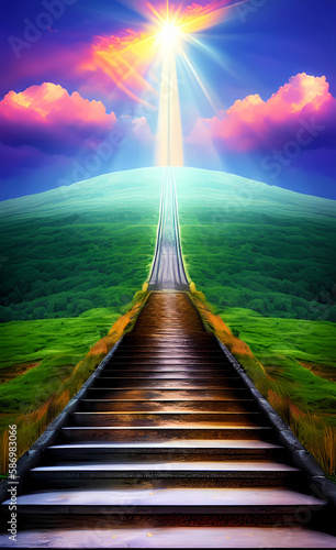 Stairway to heaven, bright light at the end of the stairs. Magical stairs to heaven. Generative AI.