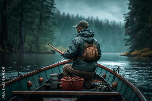 A man on a boat fishing a rod in a river surrounded by woods, a man's hobby is fishing. Generative AI