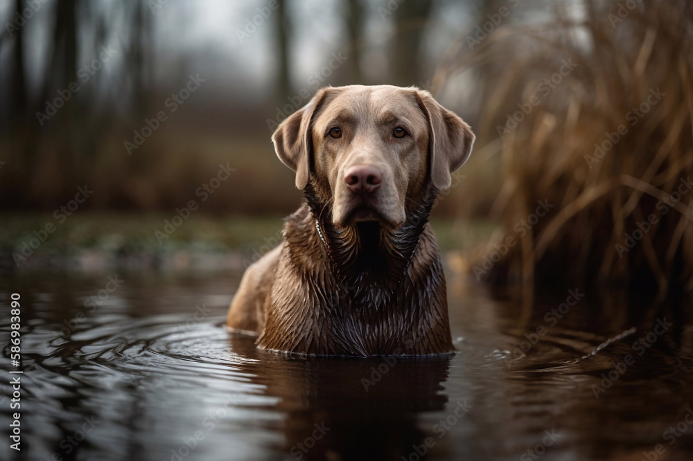 Labrador Retriever in the Water Hunting in the Woods, Generative AI Labrador Retriever in the Water Hunting in the Woods, Generative AI