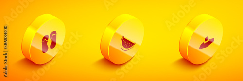 Set Isometric Flip flops, Watermelon and Elegant women hat icon. Vector