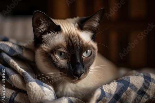 The Siamese Thai cat is wrapped in a checkered blanket with a stuffed animal. The notions of fall, winter, and cold. awaiting heating, heating. Generative AI