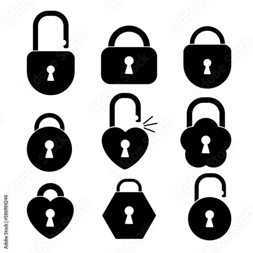 Set of locks of different shapes. Silhouette flat style.