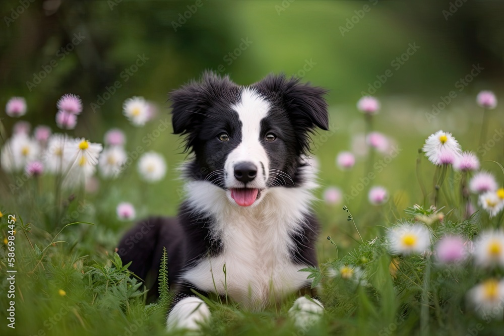 Cute border collie puppy smiling in an outdoor photograph against a background of flowers and grass. Little dog, a new charming addition to the family, waiting for reward. Animal humor and pet care co