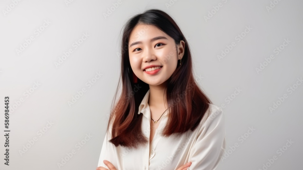 Portrait of smiling young asian woman with crossed hands on a white background. Generative AI Portrait of smiling young asian woman with crossed hands on a white background. Generative AI