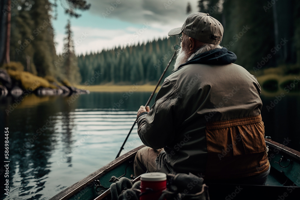 A man on a boat fishing a rod in a river surrounded by woods, a man's hobby is fishing. Generative AI A man on a boat fishing a rod in a river surrounded by woods, a man's hobby is fishing. Generative AI