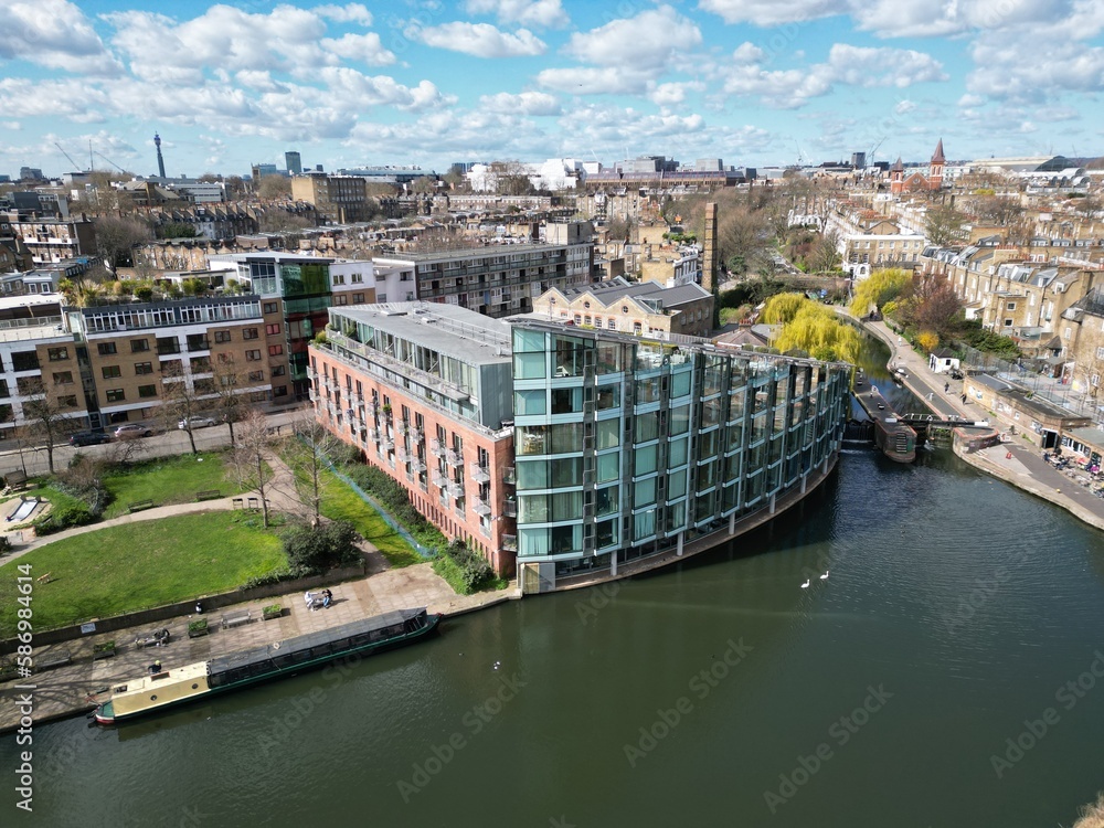 Obraz premium City road basin Regents canal Islington London UK drone aerial view ..