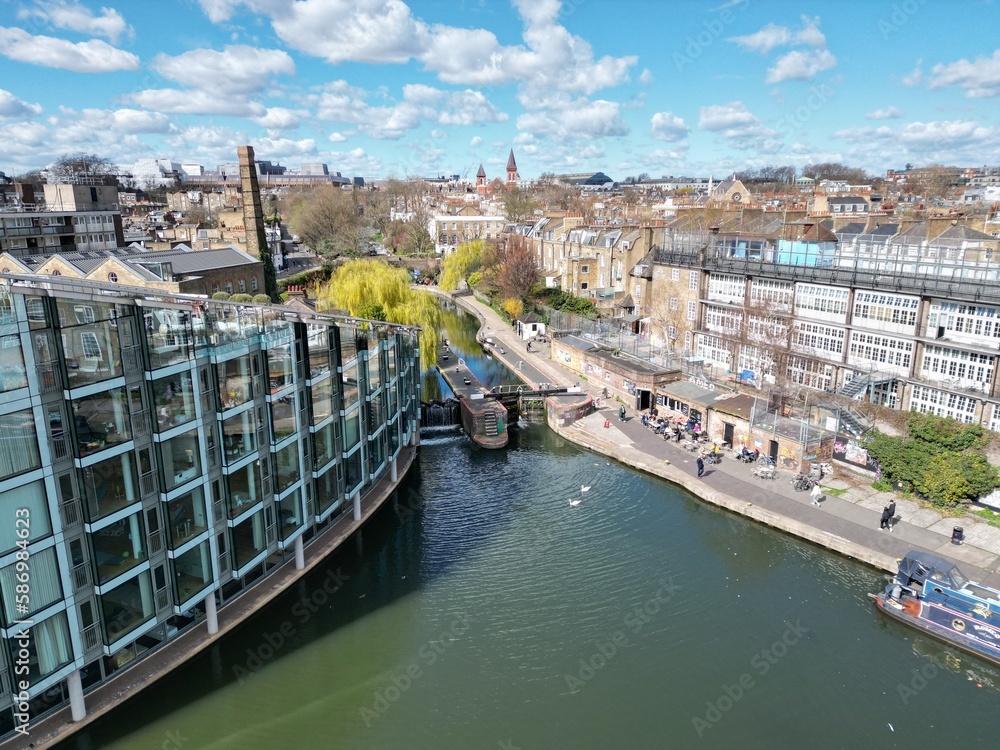 City road basin Regents canal Islington London UK drone aerial view .. - obrazy, fototapety, plakaty 