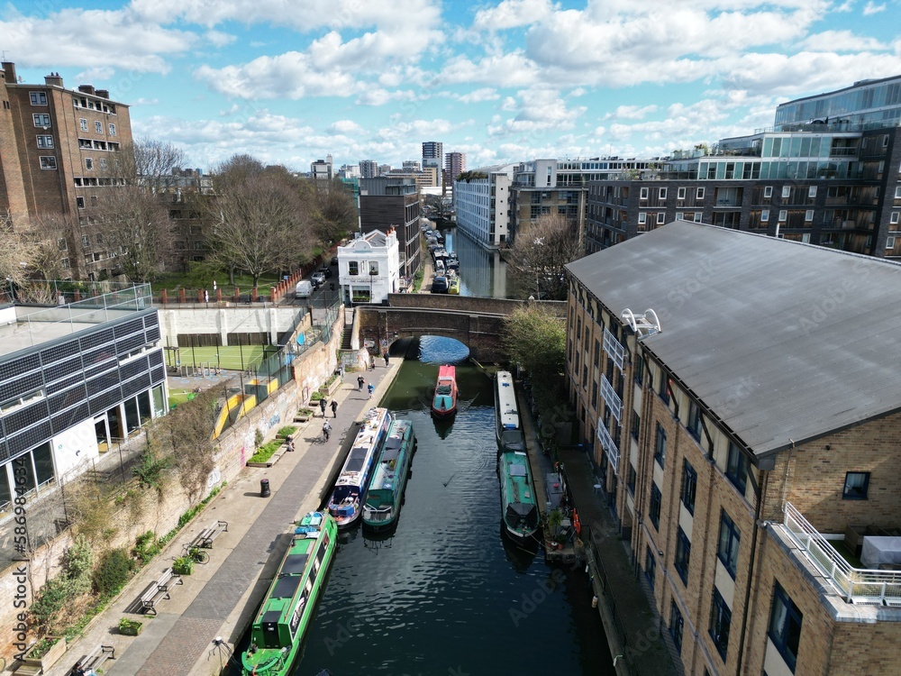 Regents canal Islington London UK drone aerial view