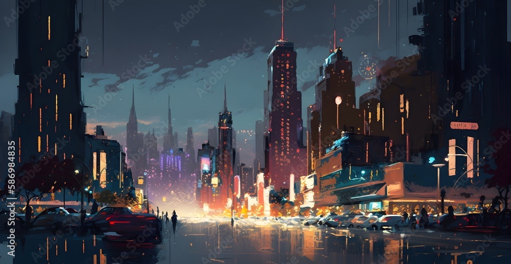 Fototapeta premium digital painting of city at night with colorful lights, Generative AI
