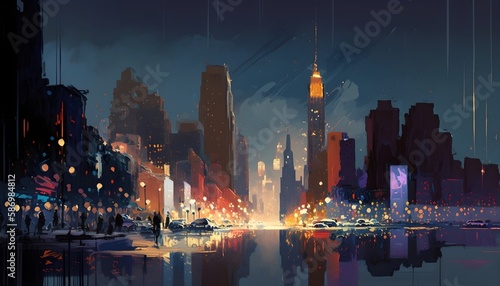 digital painting of city at night with colorful lights, Generative AI