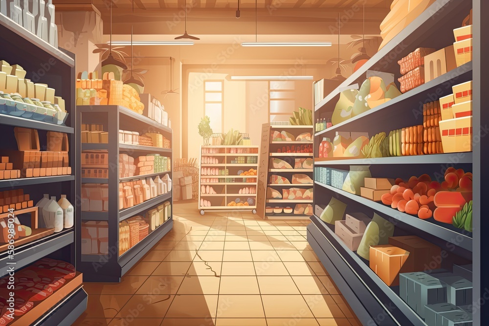 Shelves Filled with Variety of Grocery Products: A Look Inside a Supermarket, Generative AI