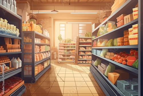 Shelves Filled with Variety of Grocery Products: A Look Inside a Supermarket, Generative AI