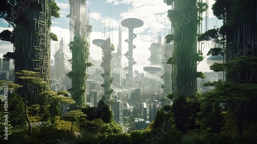 The City of the Future  A Solarpunk Glass Skyline Blending Into Nature. Generative AI