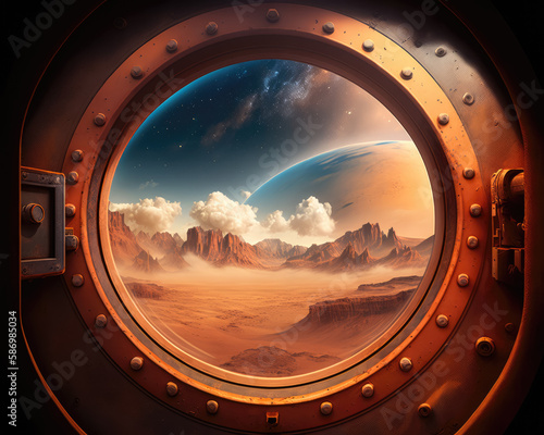 View of an uncharted planet from the porthole of a spaceship. Generative AI. photo