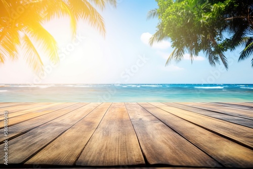 Tropical Summer Nature: Wooden Floor, Beach & Ocean View Travel Concept Design: Generative AI