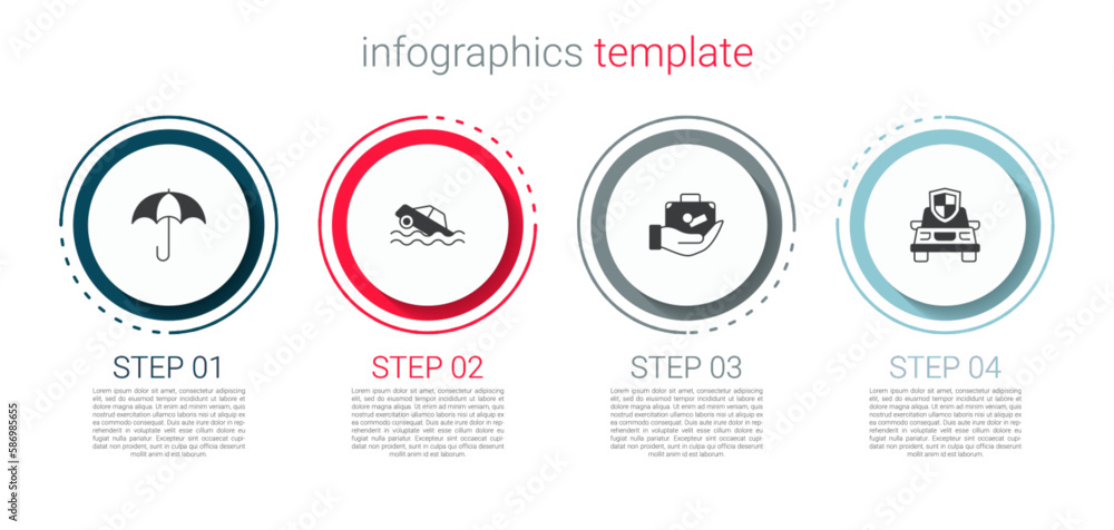 Set Umbrella, Flood car, Travel suitcase in hand and Car insurance. Business infographic template. Vector Set Umbrella, Flood car, Travel suitcase in hand and Car insurance. Business infographic template. Vector
