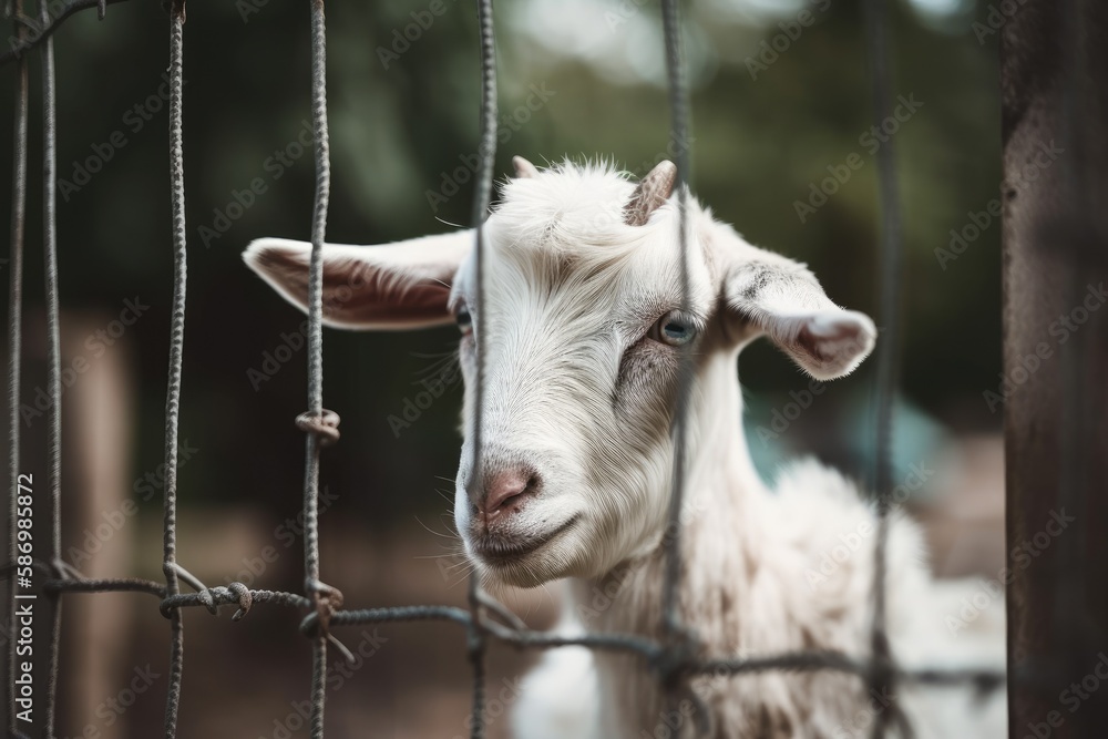Little white goat in a goat farm or zoo fence. Generative AI
