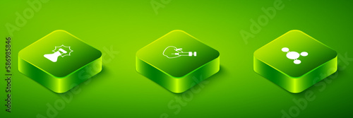 Set Isometric Genetically modified apple, Molecule and Explosion in the flask icon. Vector