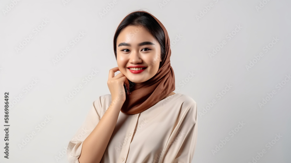 Portrait of smiling young asian woman with crossed hands on a white background. Generative AI Portrait of smiling young asian woman with crossed hands on a white background. Generative AI