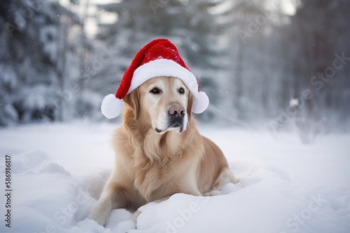 Playful Dog in Winter Wonderland Wearing Festive Hat