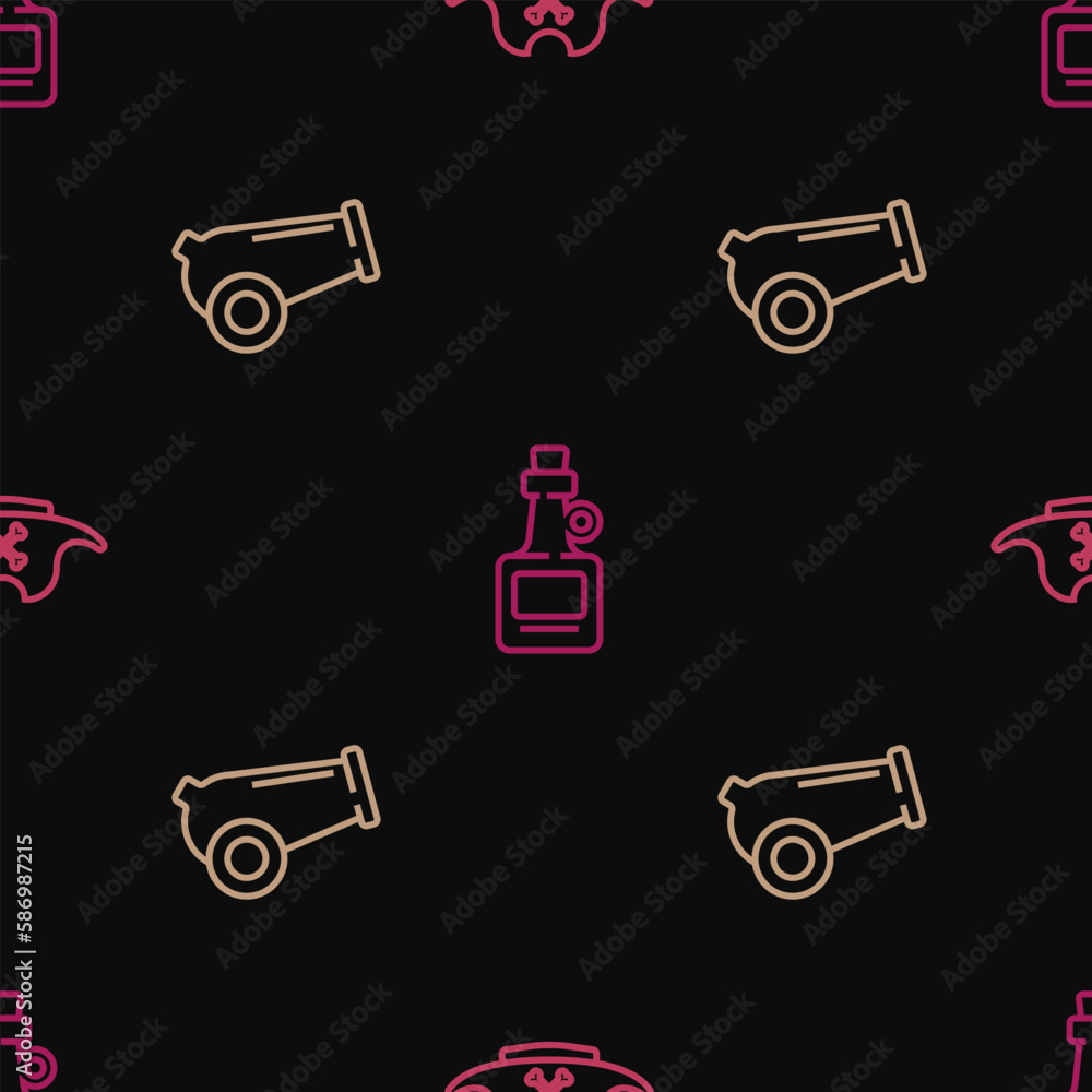 Set line Pirate hat, Cannon and Alcohol drink Rum on seamless pattern. Vector Set line Pirate hat, Cannon and Alcohol drink Rum on seamless pattern. Vector