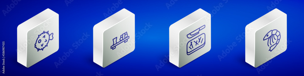 Set Isometric line Fish hedgehog, Sushi on cutting board, Cutting and knife and Shrimp icon. Vector Set Isometric line Fish hedgehog, Sushi on cutting board, Cutting and knife and Shrimp icon. Vector