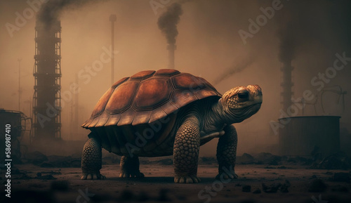 turtle stands watching a petrochemical refinery at sunrise. Generative AI.