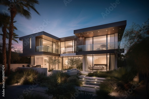 Luxury Modern Home with Large Windows and Contemporary Design, Generative AI © Digital Dreamscape