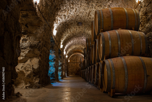 Underground brick and stone cellar with wooden barrels for storing malbec and tannat