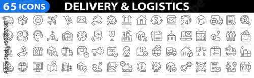 Delivery 65 line icons set. Logistics icon set. Delivery, shipping, logistics. Shipping symbol. Vector illustration.