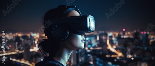 Person wearing vr headset overlooking futuristic city - Generative AI