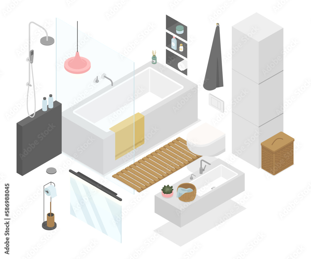 Fototapeta premium Bathroom in the apartment - modern vector colorful isometric illustrations set