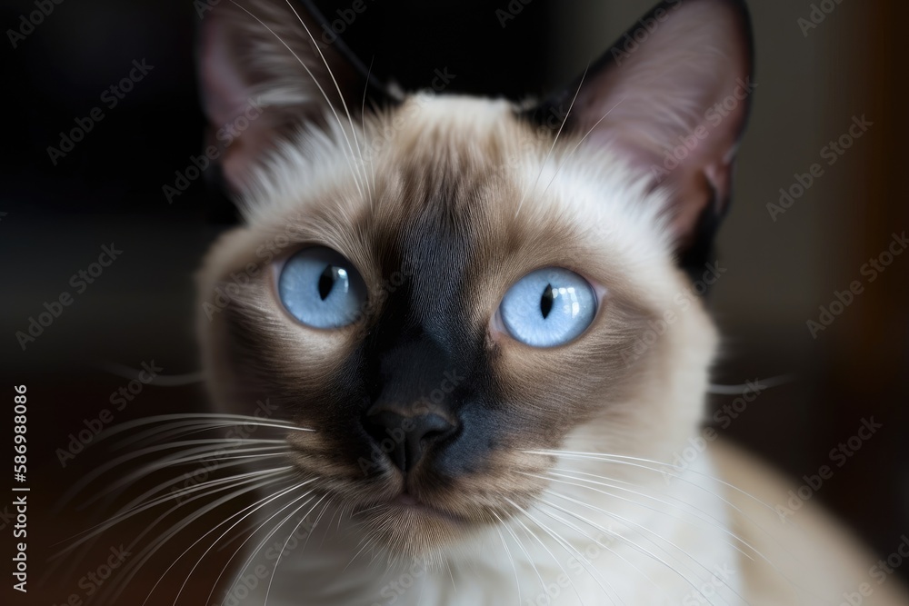 A Siamese cat owns it. It has lengthy whiskers and icy blue eyes. Generative AI