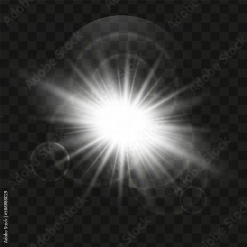 White glowing light star on a black background. Transparent shining sun, star explodes and bright flash. Blue bright illustration starburst. 