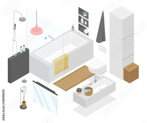 Bathroom in the apartment - modern vector colorful isometric illustrations set