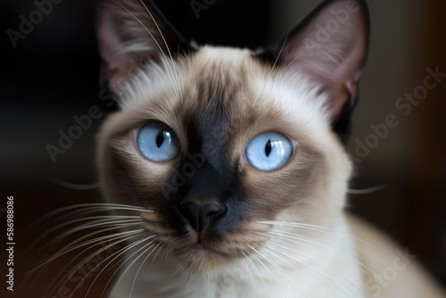 A Siamese cat owns it. It has lengthy whiskers and icy blue eyes. Generative AI © AkuAku
