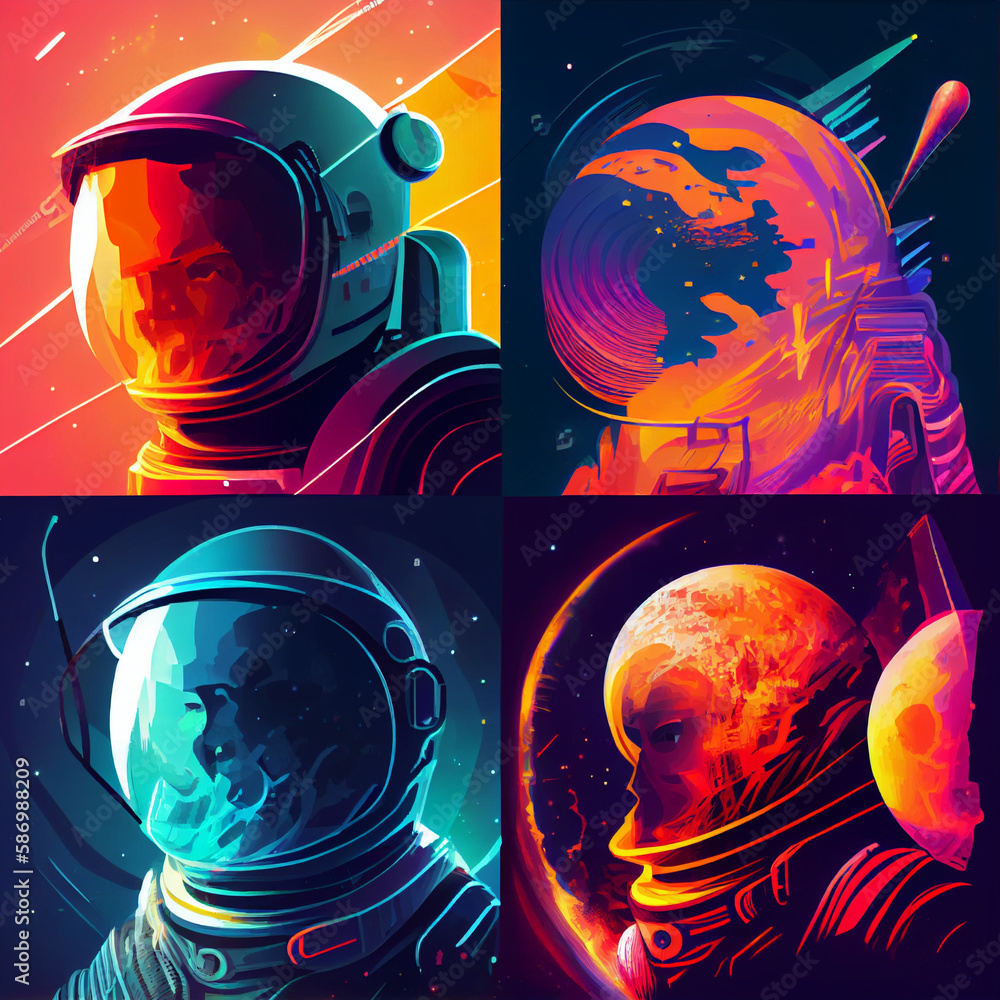 Space, science fiction, future. Vector illustrations of astronaut, galaxy, planet, moon, space objects for poster, background or cover