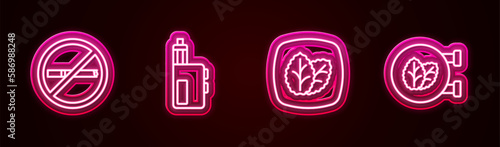 Set line No smoking, Vape mod device, Tobacco leaf and shop. Glowing neon icon. Vector