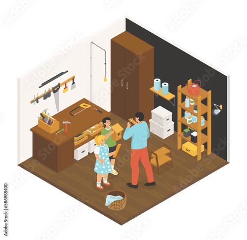 Obraz na plátně Making a birdhouse in a carpentry - vector colorful isometric illustration