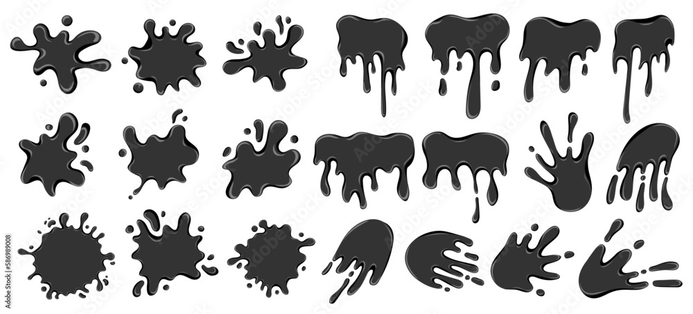 Obraz premium Black paint blots collection. Cartoon paint splatters and ink splashes. Decorative element for your design. Vector illustration