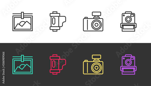 Set line Photo frame, Camera film roll cartridge, camera and on black and white. Vector