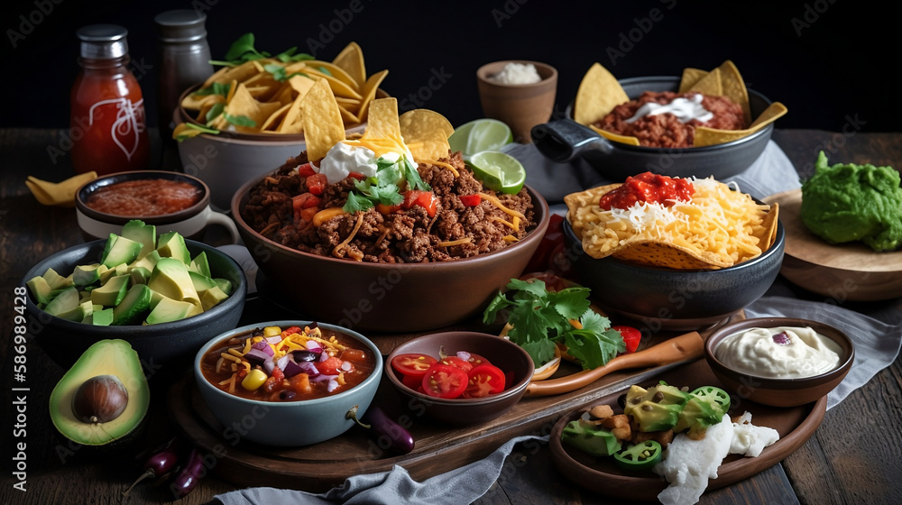 Mexican food with fajitas, chili con carne and nachos, beef and cheese, Generative AI